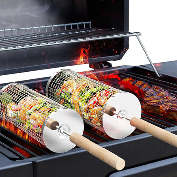 2-Pack Rolling Grill Baskets – 304 Stainless Steel with Removable Wooden Handle for BBQ, Vegetables, Shrimp, Camping